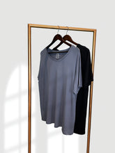 Load image into Gallery viewer, RULES Black & Blue Smoke Bamboo Lounge Top - Hanging on rail