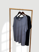 Load image into Gallery viewer, RULES Black &amp; Blue Smoke Bamboo Lounge Top - Hanging on rail
